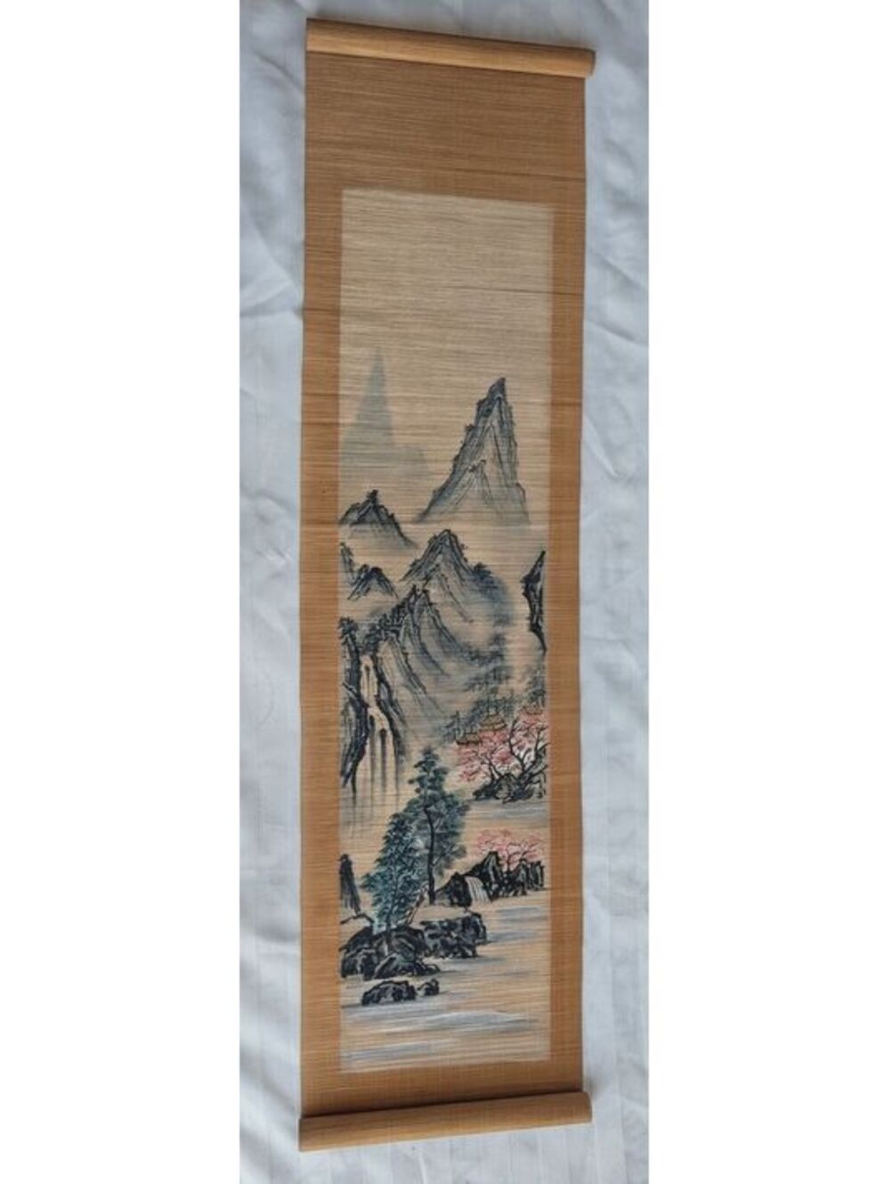 Vintage Asian Bamboo Scroll Art Set of 2 - Guilin Mountain & River Landscape Ink